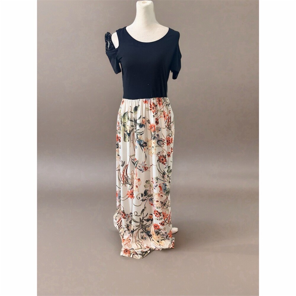 Styleword Maxi Dress Womens Size S Black Floral Cold Shoulder Long Casual